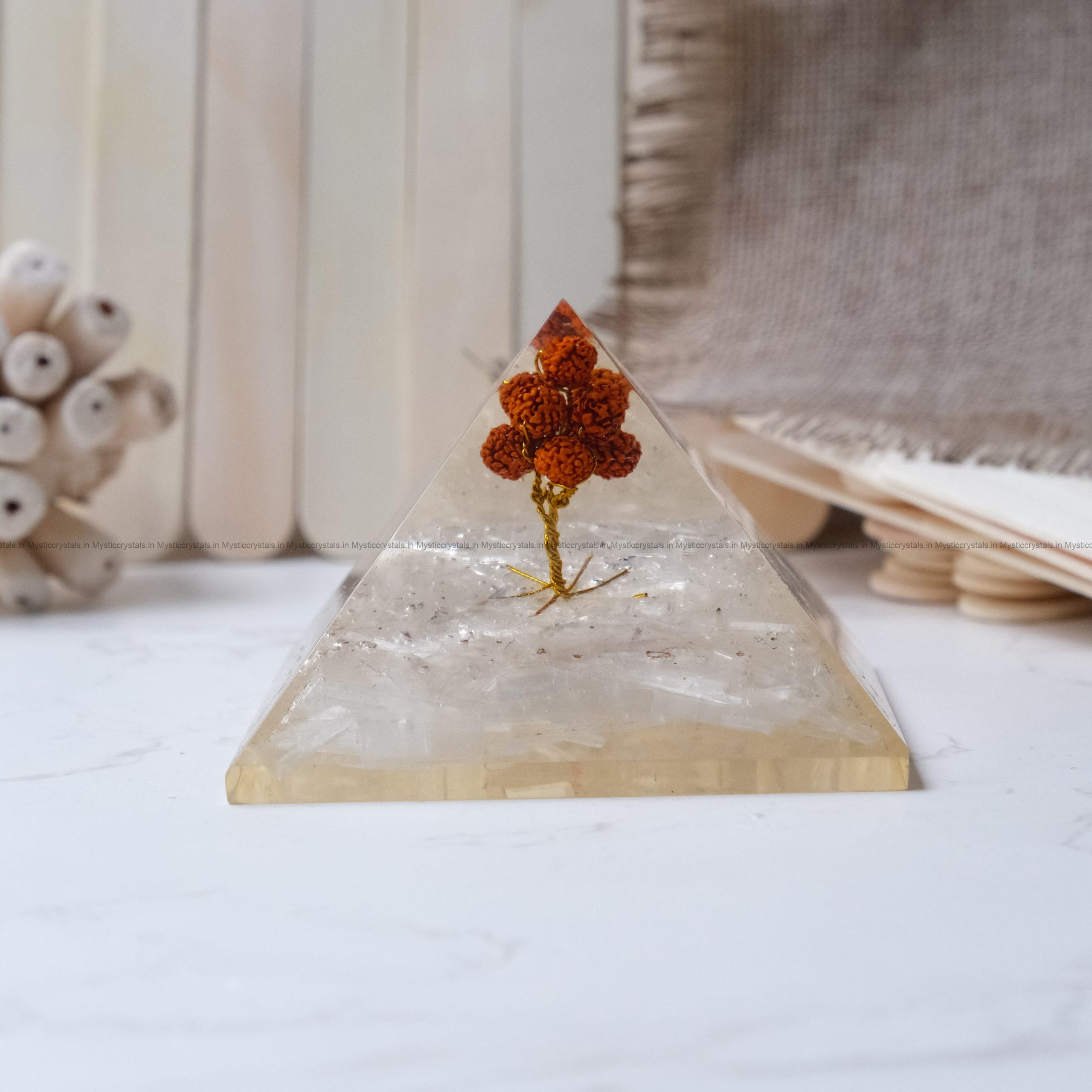Selenite With Rudraksha Tree Orgonite Pyramid - Image 2