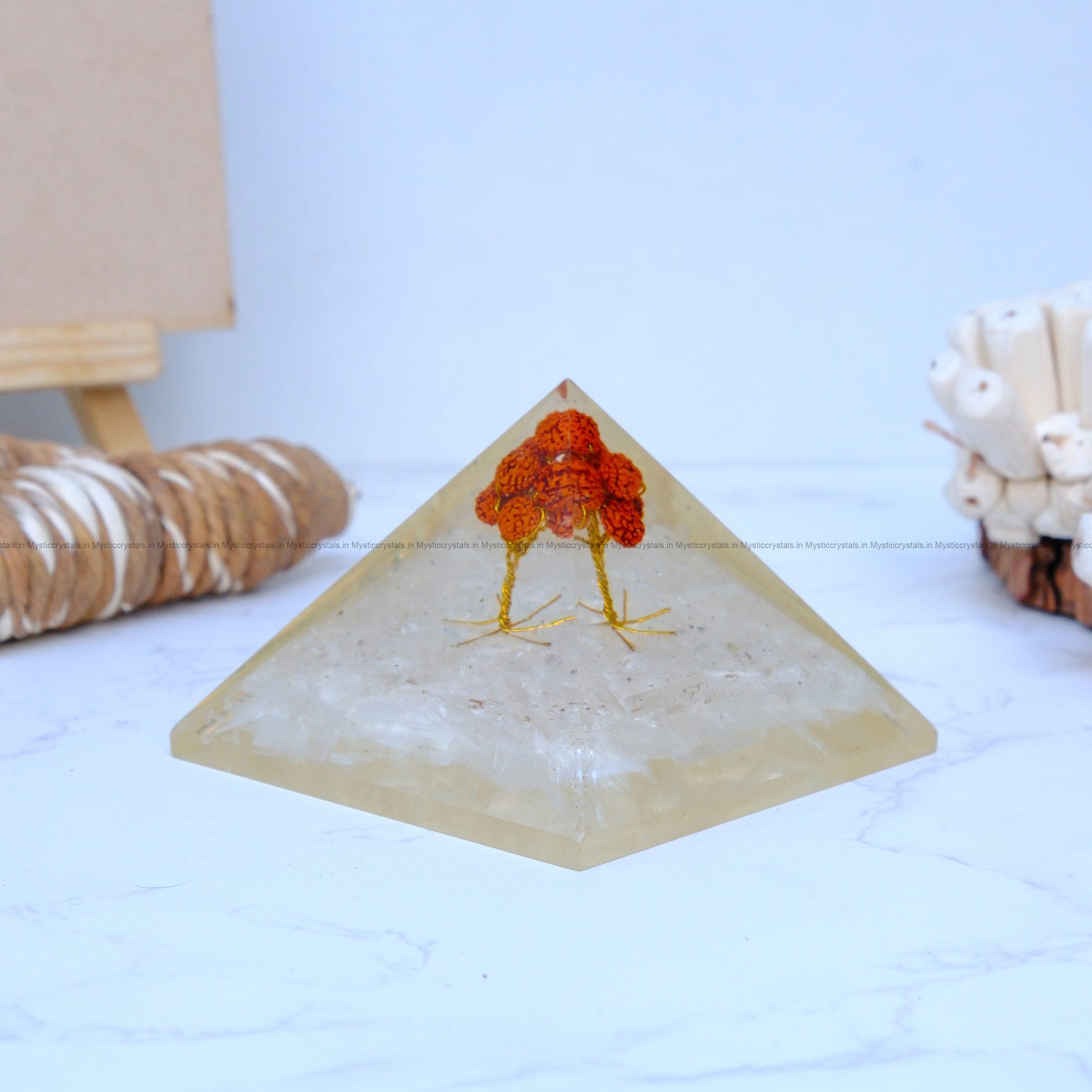 Selenite With Rudraksha Tree Orgonite Pyramid - Image 3