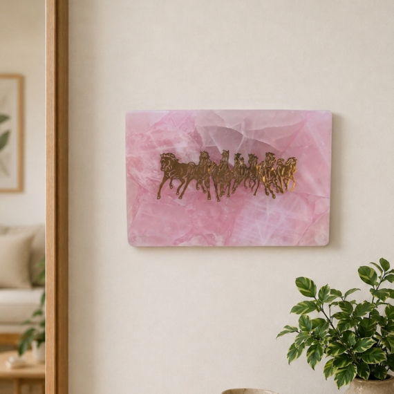 Rose Quartz seven running horse wall hanging
