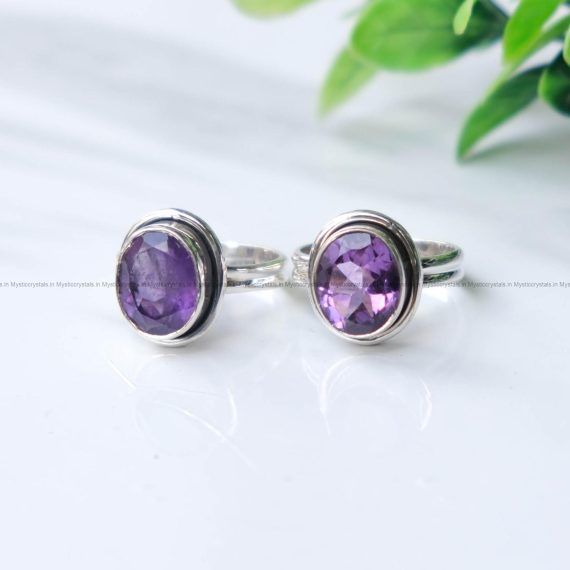 Amethyst Faceted Pure Silver Ring