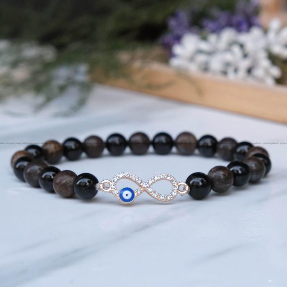 Bronzite and Black Tourmaline Infinity Charm Bracelet