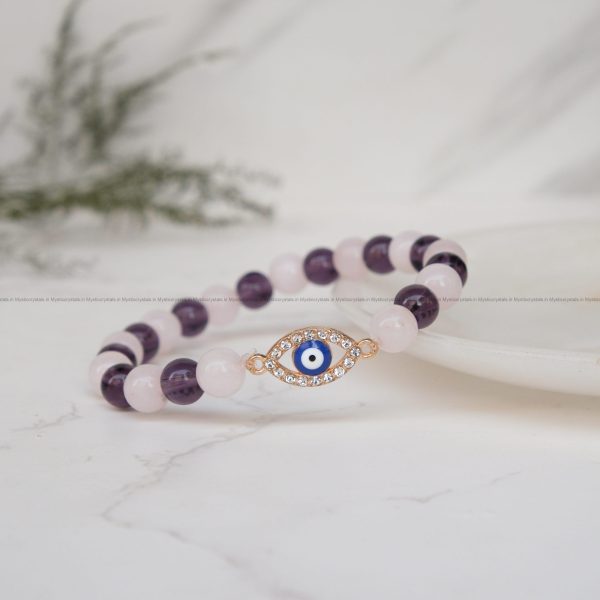 Rose Quartz and Amethyst Combo Evil Eye Charm Bracelet