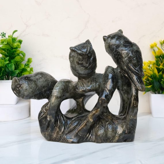Labradorite Crystal Triple Owl Statue for Good Luck