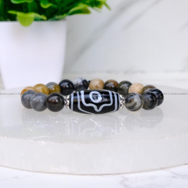 Petrified Wood with Tibetan 3 Eye Dzi Bead Bracelet