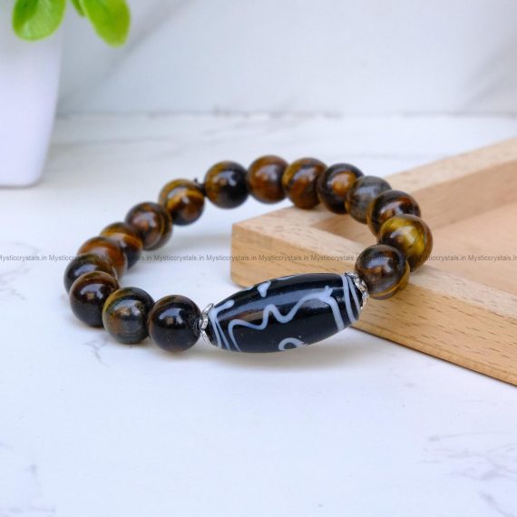 Tiger Eye with Tibetan 3 Eye Dzi Bead Bracelet
