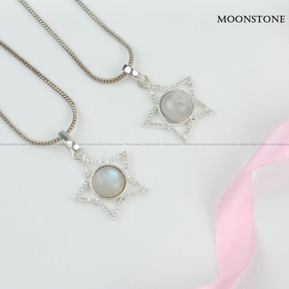 Rainbow Moonstone Sterling Silver Star Pendant With Chain