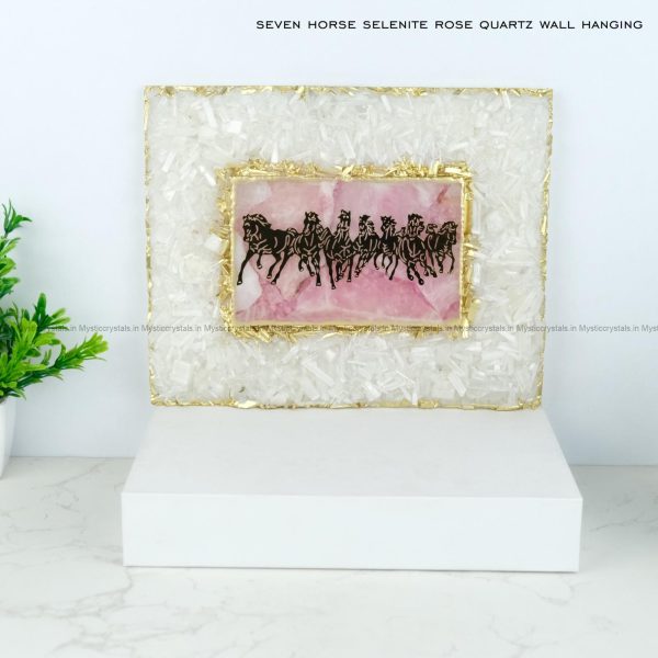 Running Horses Rose Quartz with Selenite Wall Hanging