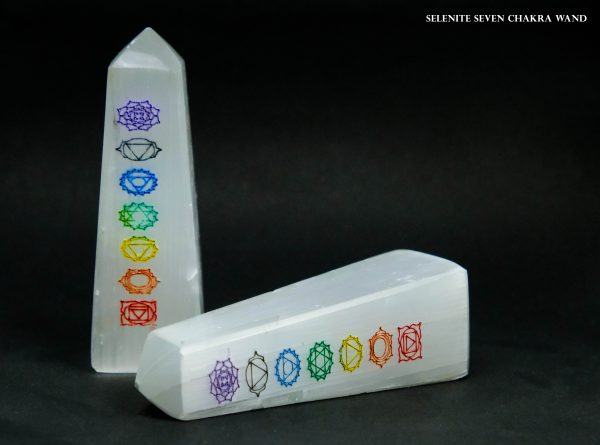 Selenite Cleansing Tower with Seven Chakra Symbol Engraved