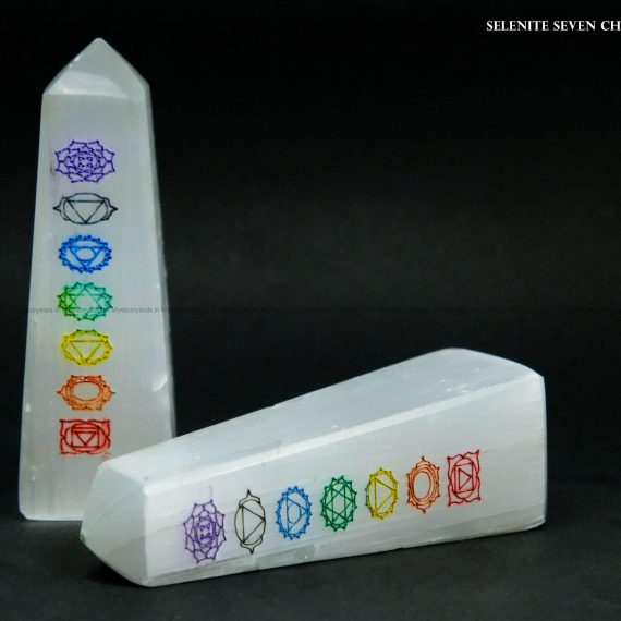 Selenite Cleansing Tower with Seven Chakra Symbol Engraved