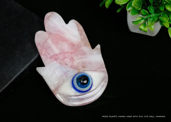 Rose Quartz Hamsa Hand with Evil Eye Wall Hanging