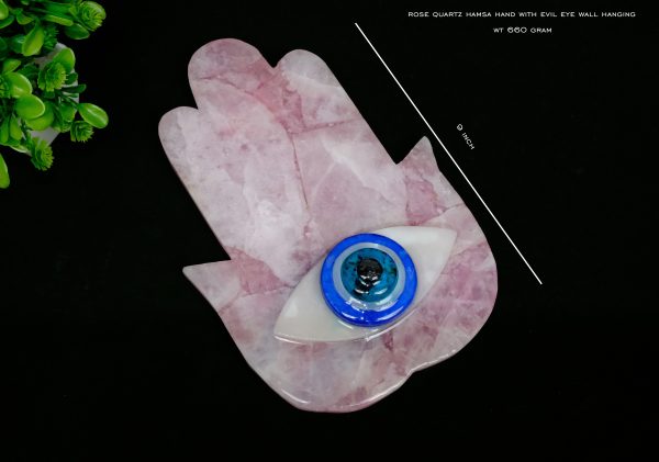 Rose Quartz Hamsa Hand with Evil Eye Wall Hanging