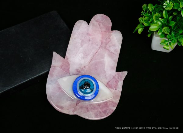 Rose Quartz Hamsa Hand with Evil Eye Wall Hanging