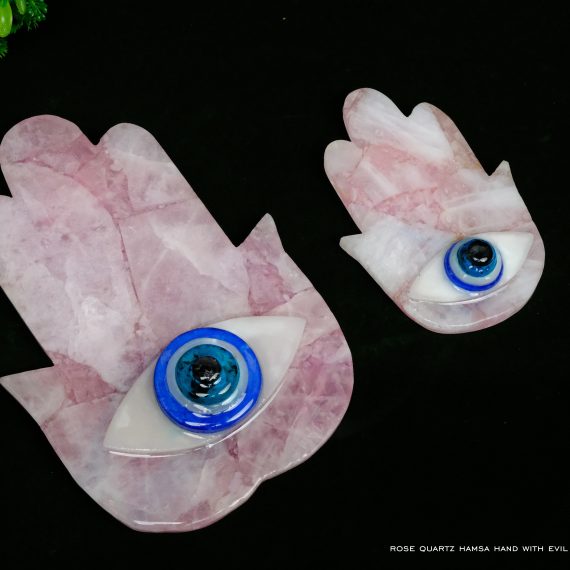 Rose Quartz Hamsa Hand with Evil Eye Wall Hanging