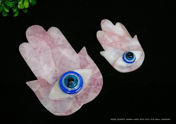 Rose Quartz Hamsa Hand with Evil Eye Wall Hanging
