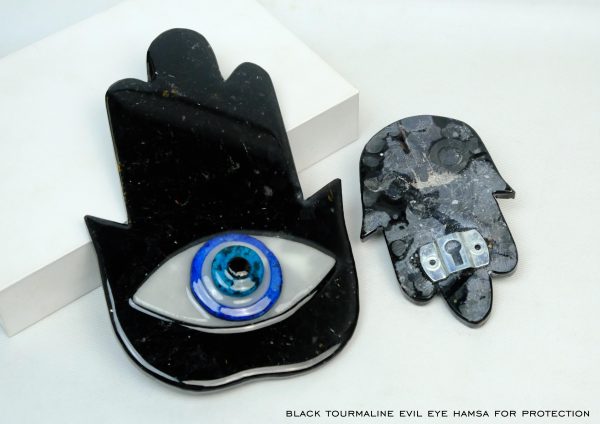 Black Tourmaline Hamsa Hand With Evil Eye Wall Hanging