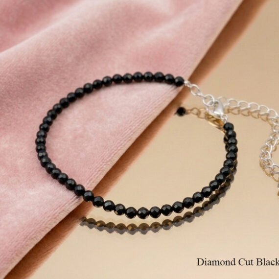 Black Tourmaline Anklet Diamond Cut with Adjustable Chain