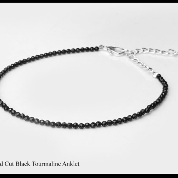 Black Tourmaline Anklet Diamond Cut with Adjustable Chain