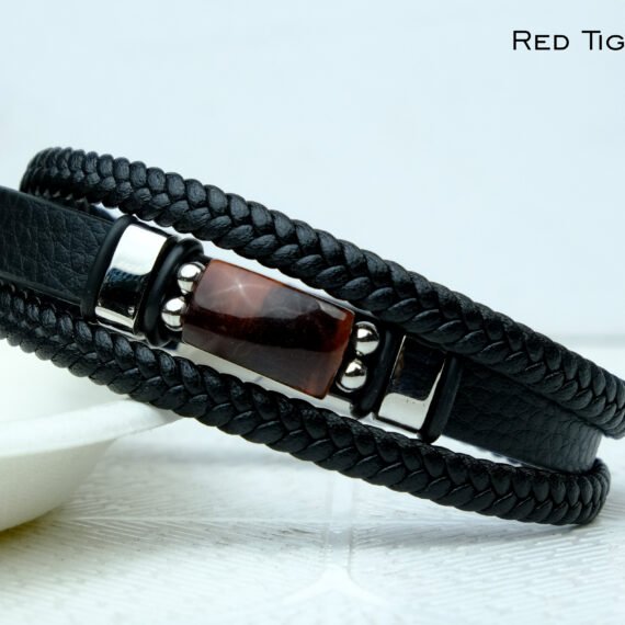 Red Tiger Eye Leather Strap Bracelet