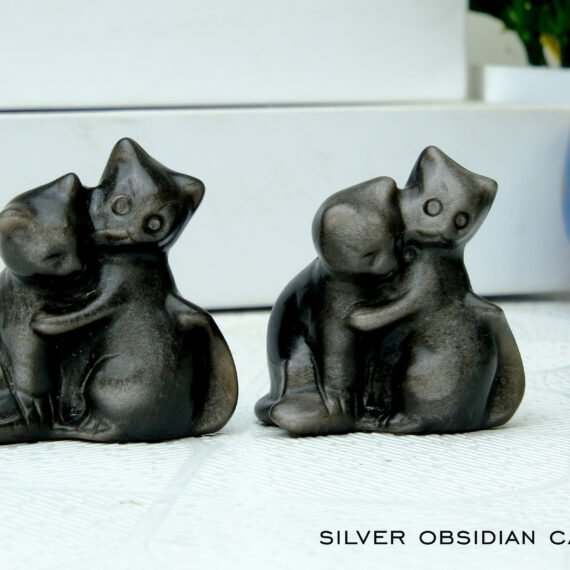 Silver Obsidian Crystal Cat Pair