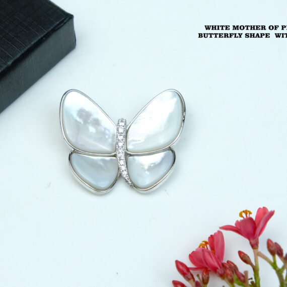 White Mother of Pearl Brooch in Butterfly Shape with Silver Frame