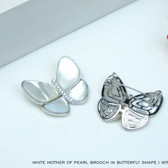 White Mother of Pearl Brooch in Butterfly Shape with Silver Frame