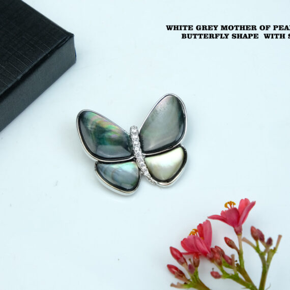 White Grey Mother of Pearl Brooch in Butterfly Shape with Silver Frame