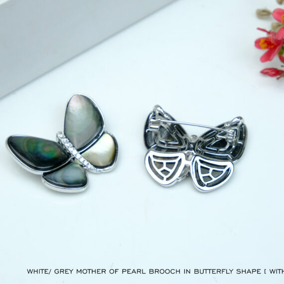 White Grey Mother of Pearl Brooch in Butterfly Shape with Silver Frame