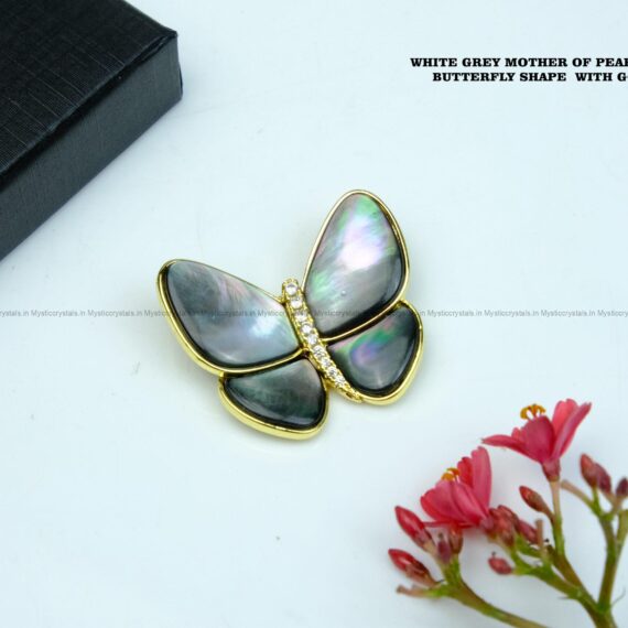 White Grey Mother of Pearl Brooch in Butterfly Shape with Golden Frame