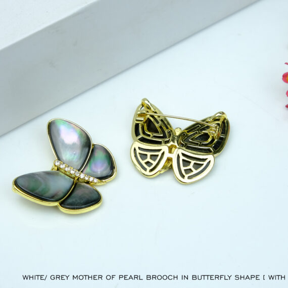 White Grey Mother of Pearl Brooch in Butterfly Shape with Golden Frame