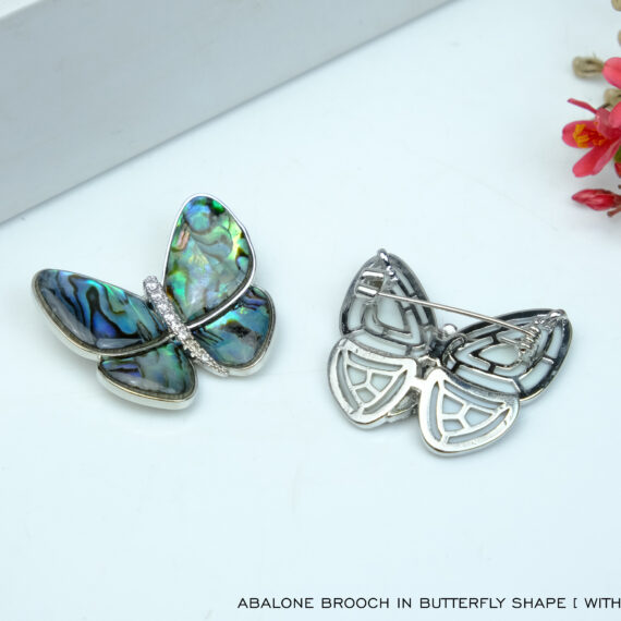 Abalone Shell Brooch in Butterfly Shape with Silver Frame