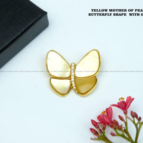 Yellow Mother of Pearl Brooch in Butterfly Shape with Golden Frame