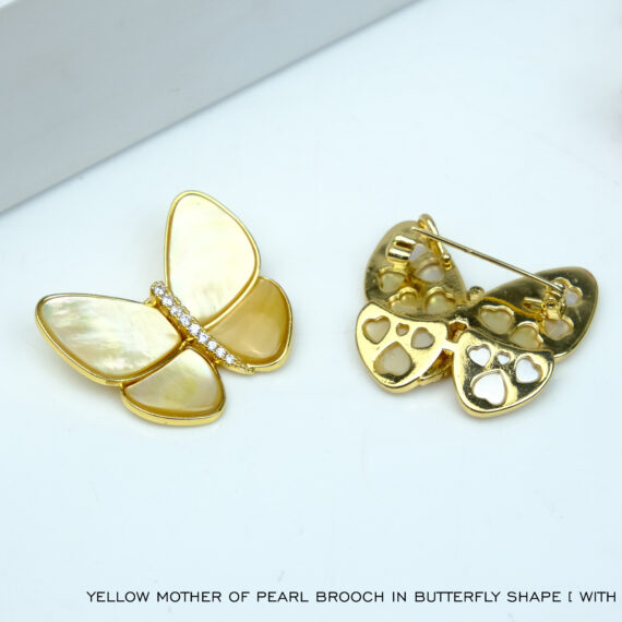 Yellow Mother of Pearl Brooch in Butterfly Shape with Golden Frame