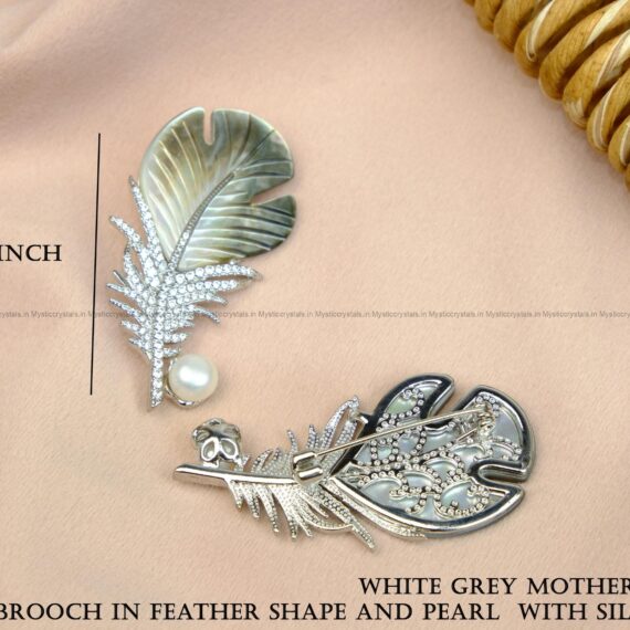White Grey Mother of Pearl Brooch in Feather Shape