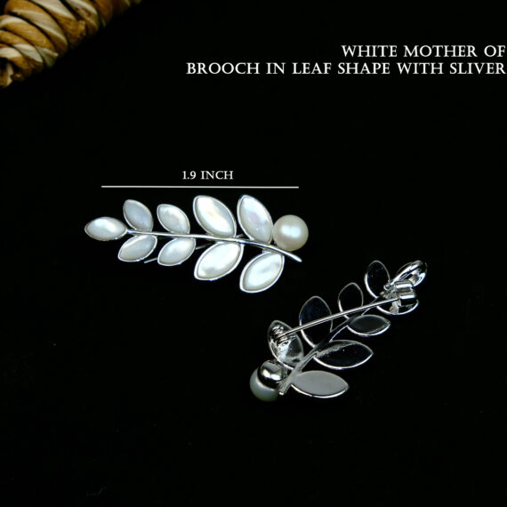 White Mother of Pearl Brooch in Leaf Shape with Silver Frame