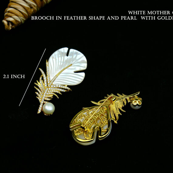 White Mother of Pearl Brooch in Feather Shape