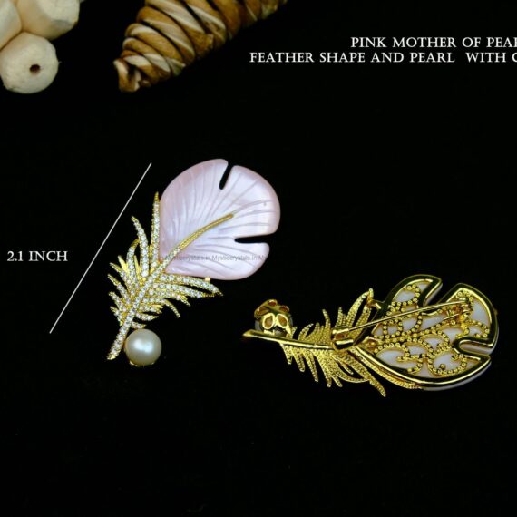 Pink Mother of Pearl Brooch in Feather Shape